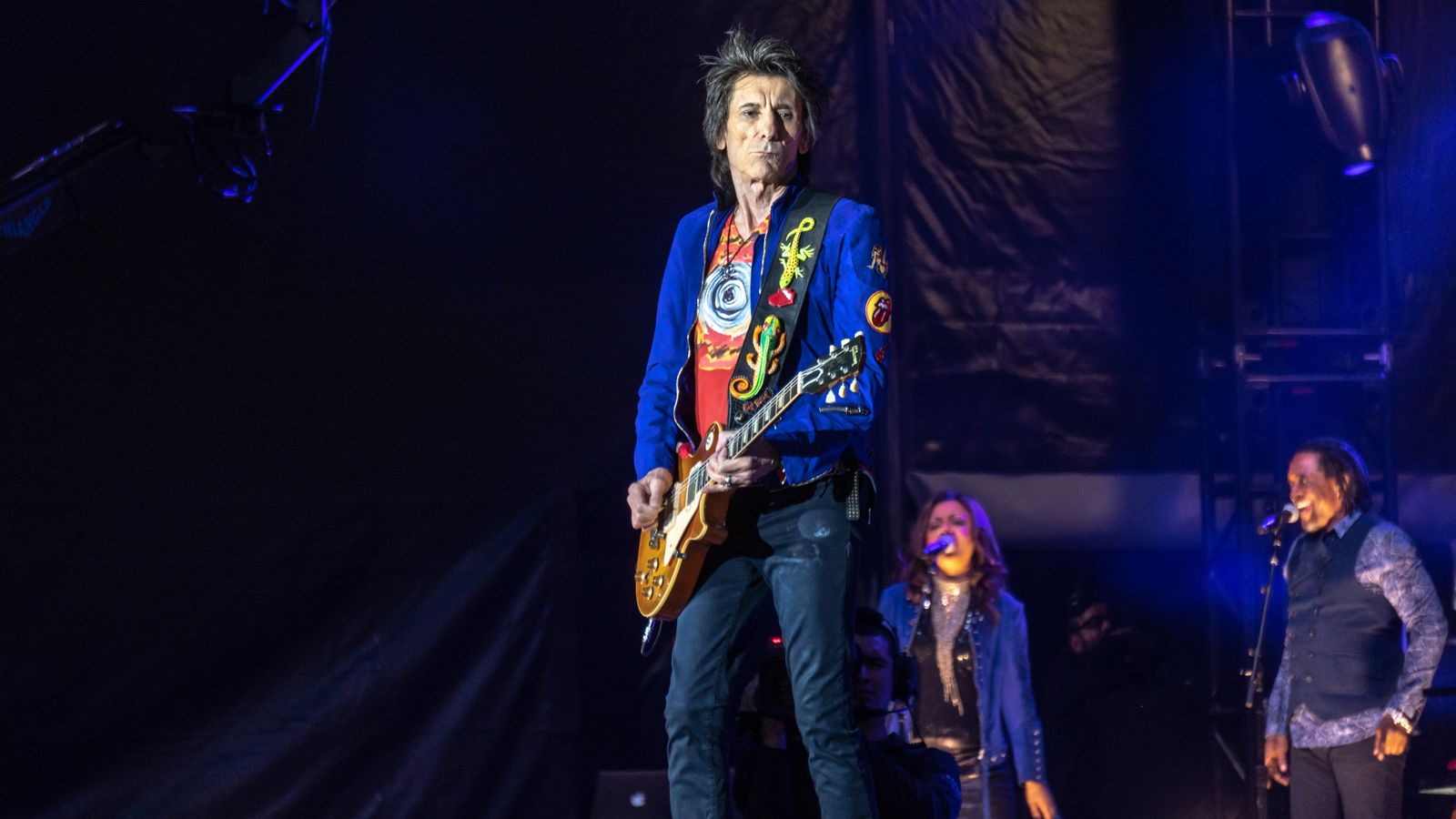 Archive photograph of Ronnie Wood playing guitar onstage in London in 2018.